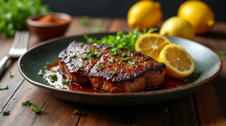 Plate of juicy grilled chuck steak recipes garnished with fresh herbs and served with roasted vegetables